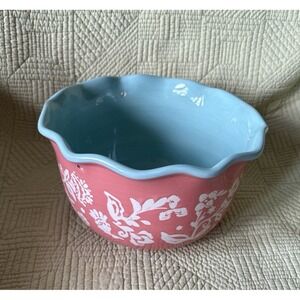 Vintage Pink Aqua Ceramic Hanging Planter White Floral Scalloped Rim